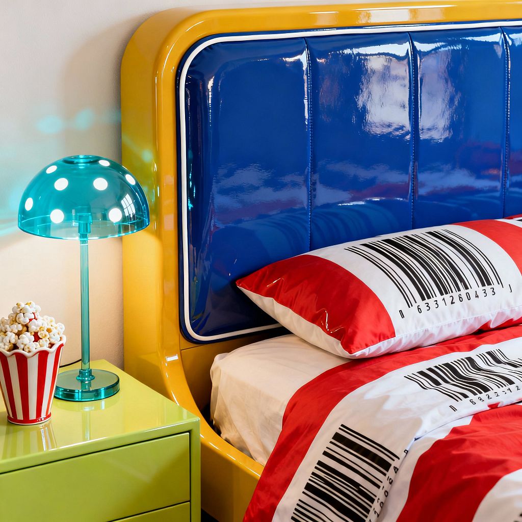 Close-up of a pop art bedroom corner with a sunshine-yellow, high-gloss bed frame and an electric-blue padded vinyl headboard. A lime green lacquer nightstand holds a translucent teal mushroom lamp with white dots and a chrome base, while the bed is dressed in red-and-white cotton bedding printed with oversized black barcodes, creating a playful, graphic look with rounded, shiny surfaces.