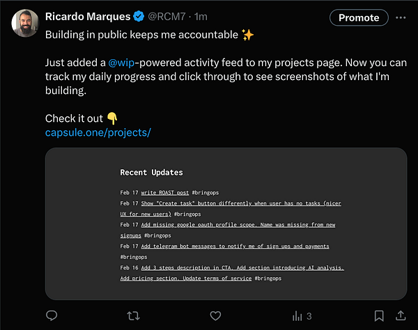 A tweet announcing the addition of a WIP widget to a projects page, featuring recent updates.