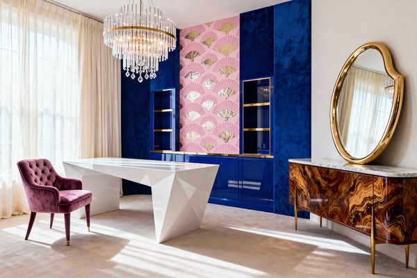 A glamorous home office with a faceted white desk set before cobalt blue built-ins framed by velvet panels and brass-trim shelves. The center features pink wallpaper with metallic gold fan motifs. A mauve tufted velvet chair and a tiered brass-and-crystal chandelier sit over a beige carpet. To the right, a burl-wood credenza with a white marble top is paired with a curvy gold-framed mirror and floor-to-ceiling sheer curtains.