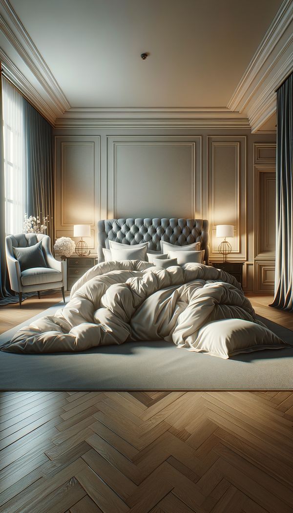 A luxurious bedroom setting with plush, down-filled bedding and pillows on a large, comfortable bed.