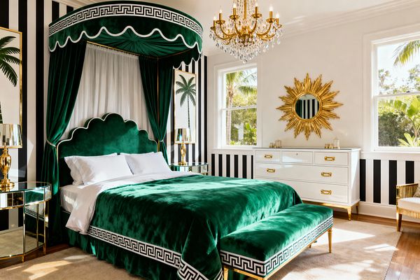 A glamorous kids' bedroom features an emerald green velvet canopy bed with a scalloped headboard and Greek key trim, flanked by mirrored nightstands with brass lamps. Black-and-white striped walls, palm artwork, and a white lacquer dresser with gold hardware sit under two bright windows. A gold crystal chandelier and a sunburst mirror add sparkle above a plush ivory rug and warm wood floors, creating a playful yet polished Hollywood Regency look.