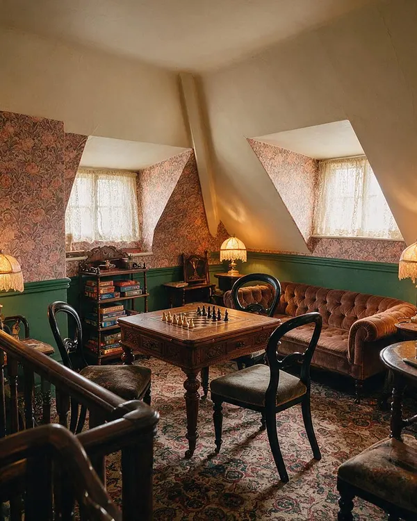 A cozy Victorian-style game room with sloped ceilings, floral wallpaper, dark green wainscoting, and a patterned rug. A carved wooden chess table sits at the center, surrounded by bentwood chairs and a tufted velvet sofa, with vintage table lamps and lace-curtained windows adding warm ambient light.