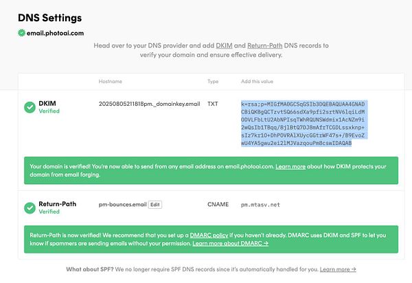 The image displays DNS settings for the email subdomain email.photoai.com, highlighting DKIM and Return-Path verification statuses.