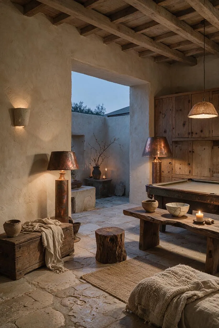 A rustic game room with a pool table, weathered wood cabinetry, and a rough plaster interior under exposed timber ceiling beams. Soft lamp and candle lighting, stone flooring, linen throws, and handmade ceramics create a calm, earthy Wabi-Sabi atmosphere.