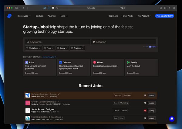 The image displays a dark-themed job listing website focused on startup opportunities.