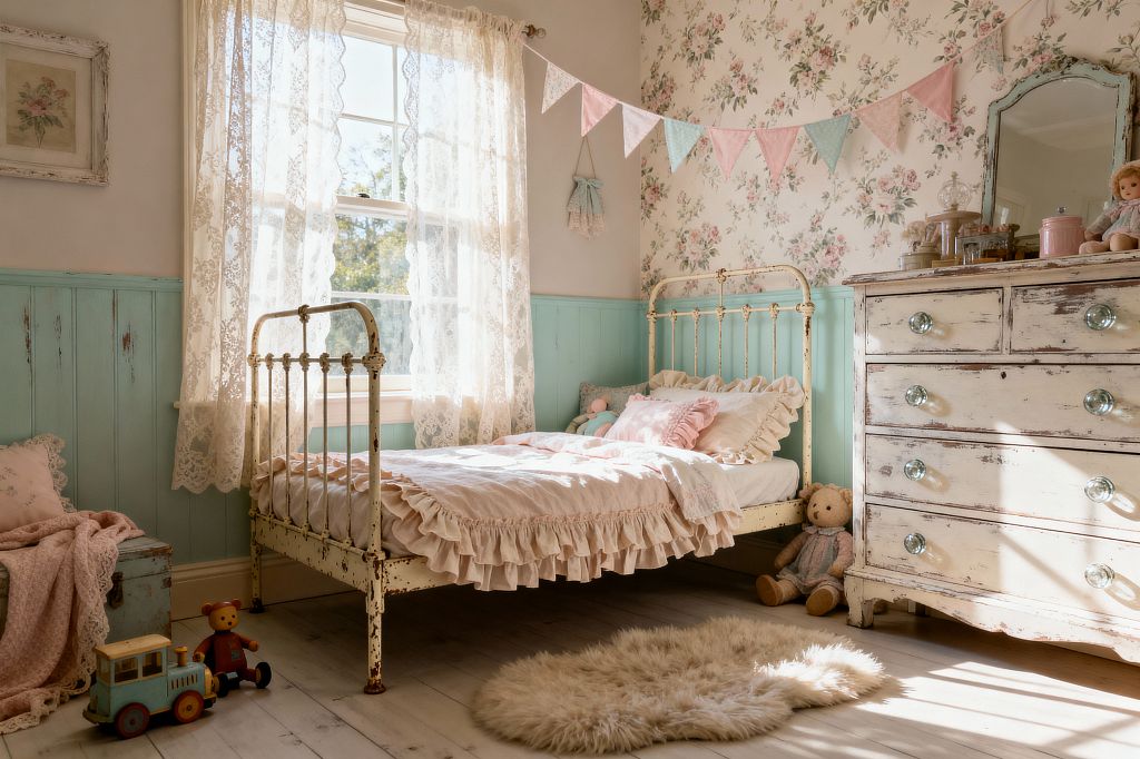 A child’s bedroom in shabby chic style features a distressed cream metal bed with ruffled blush bedding set against mint-aqua beadboard and rose-patterned wallpaper. Sunlight streams through ivory lace curtains onto whitewashed wood floors, illuminating a vintage white dresser with glass knobs, a pastel bunting garland, a shaggy faux-sheepskin rug, and classic toys including a teddy bear, doll, and wooden train.