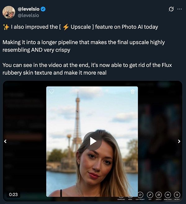 A social media post showcasing an improved photo AI feature with a video thumbnail.