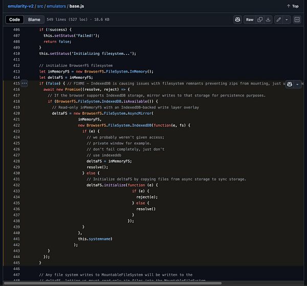 The image displays a code snippet from a JavaScript file related to filesystem operations using IndexedDB.