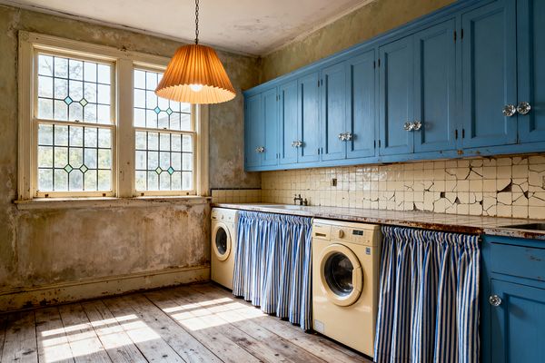 A sunlit laundry room features twin leaded-glass windows, a pleated pendant, and a long run of sky-blue upper cabinets with crystal knobs over a crackled cream tile backsplash and patinated metal counter. Two buttercream washers sit beneath blue-and-white striped skirted curtains, surrounded by distressed plaster walls and weathered wide-plank wood floors for a cozy Shabby Chic look.