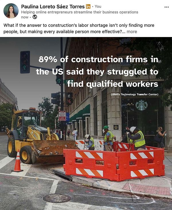An infographic titled 'Labor Shortage in Construction Industry' with statistics and digital solutions illustrated.