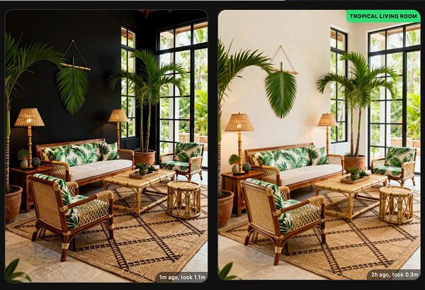 The image features a side-by-side comparison of a tropical living room with different wall colors.