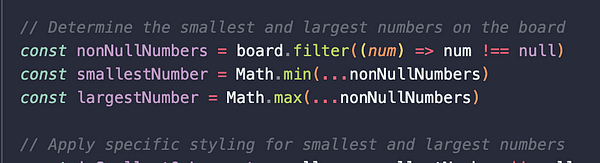The image displays a code snippet focused on identifying the smallest and largest numbers in a game board.