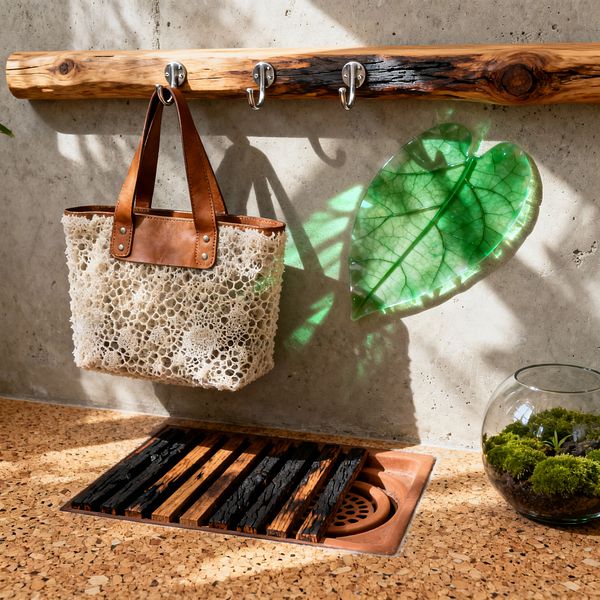 A sunlit mudroom wall features a live-edge wood rail with stainless hooks holding a loofah-textured tote with leather straps beside a translucent green glass leaf casting shadows on raw concrete. Below, warm cork flooring frames a recessed terracotta drain covered by alternating charred and natural wood slats, with a small glass bowl terrarium of moss at the edge.