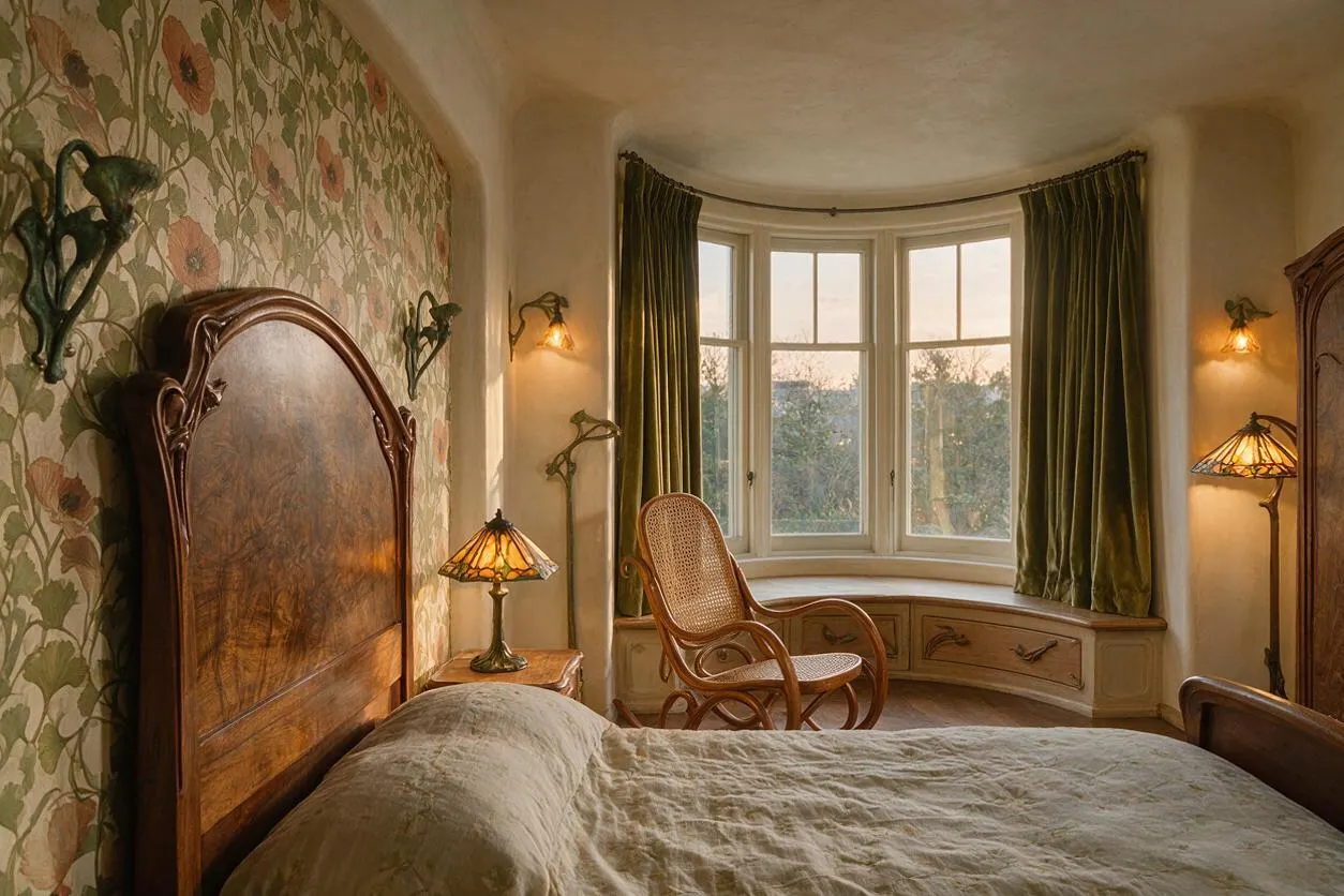 A warm Art Nouveau bedroom with a carved wooden bed, floral wallpaper, and a curved bay window seat framed by deep green curtains. A cane rocking chair, stained-glass lamps, and brass wall sconces add an ornate vintage feel.