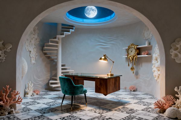 A surreal home office framed by a smooth plaster arch features a floating glass-topped walnut desk with a brass task lamp and a teal velvet chair over a checkered marble-and-terrazzo floor. A white spiral staircase rises to a round oculus showing the full moon, while sculpted coral reliefs and pink and ivory coral pieces decorate the walls and floor, and a melting gold clock drips from a shelf in soft blue and warm lamplight.
