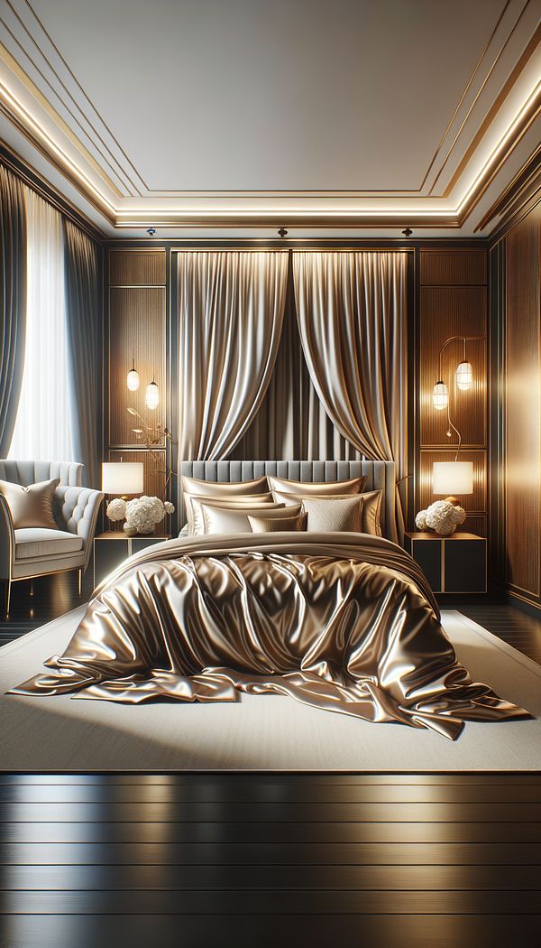A set of luxurious sateen bedding in a well-decorated modern bedroom, highlighting the fabric's sheen.