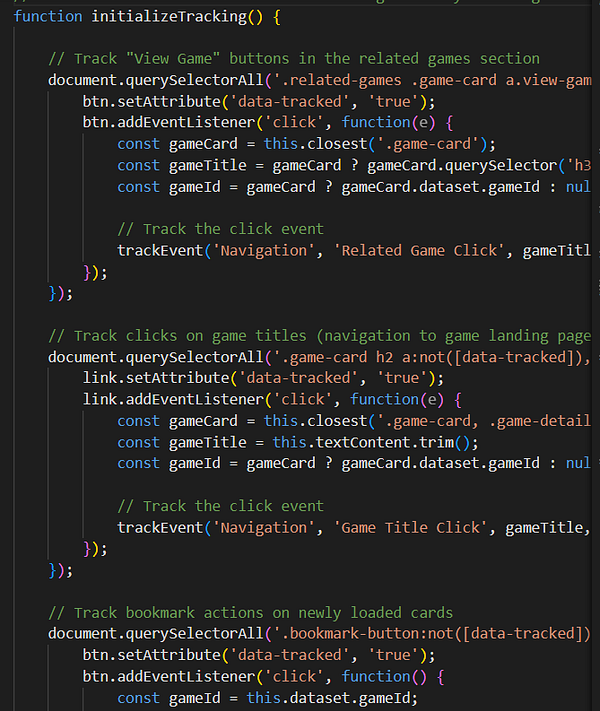 The image displays a code snippet for initializing event tracking in a JavaScript function.