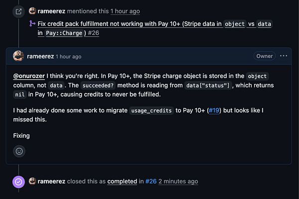 Screenshot of a GitHub pull request resolving a bug in credit pack purchases with code diff and review comments.