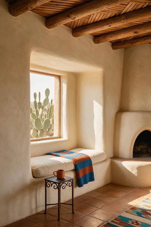 A cozy Southwestern interior nook with smooth adobe-style plaster walls, exposed wooden ceiling beams, and a built-in window bench. A striped woven blanket drapes over the bench beside a small metal table with a clay mug, while sunlight fills the terracotta-tiled floor and a cactus is visible outside the window.