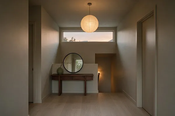 A minimalist Japandi entryway with light wood floors, soft beige walls, and a warm paper lantern hanging from the ceiling. A slim dark wood console table holds a round mirror and a green vase, while a small recessed stair opening glows with warm light.