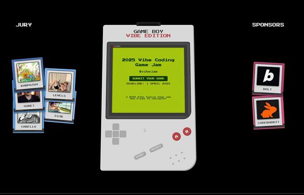 A retro Game Boy interface displays information about the 2025 Vibe Coding Game Jam.