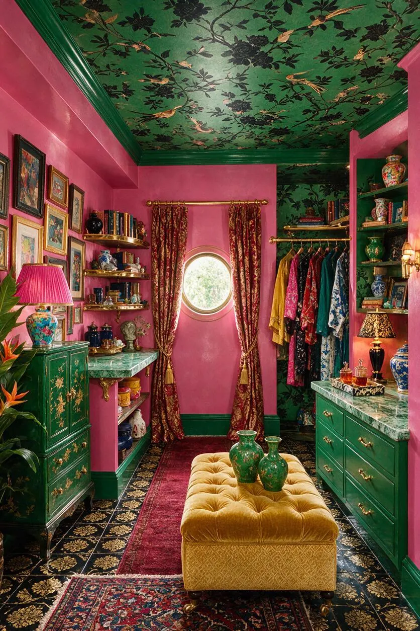 A dramatic maximalist closet with hot pink walls, emerald green trim, and a matching floral ceiling. Green cabinets, marble-look countertops, patterned rugs, a round window with draped curtains, and gold-accented accessories create a richly layered dressing space.