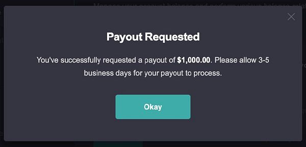 A confirmation message for a payout request of $1,000 from Carrd.