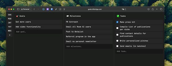 The image displays a task management interface with sections for goals, milestones, and tasks.
