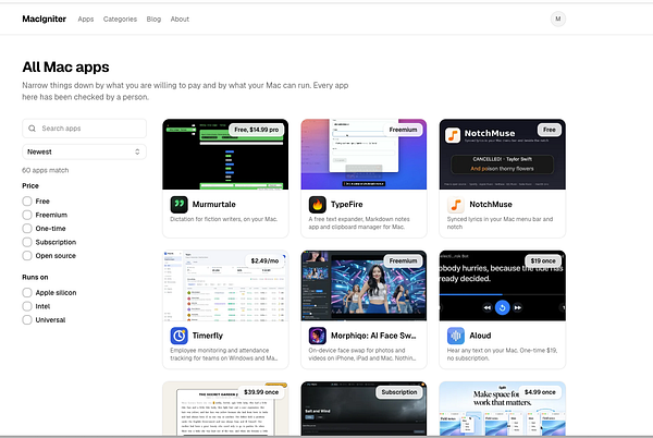 Webpage listing 60 Mac applications on MacIgniter with search, filters, and app details including prices and descriptions.