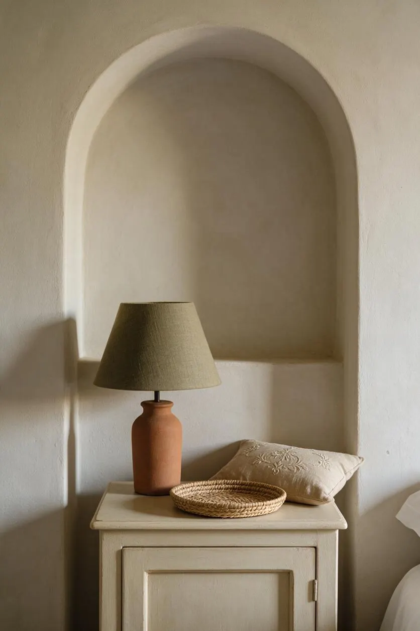 A Mediterranean-style built-in wall niche in warm off-white plaster frames a small cream-painted cabinet. On top sit a terracotta table lamp with a muted olive shade, a woven tray, and an embroidered beige pillow, creating a soft, natural vignette.