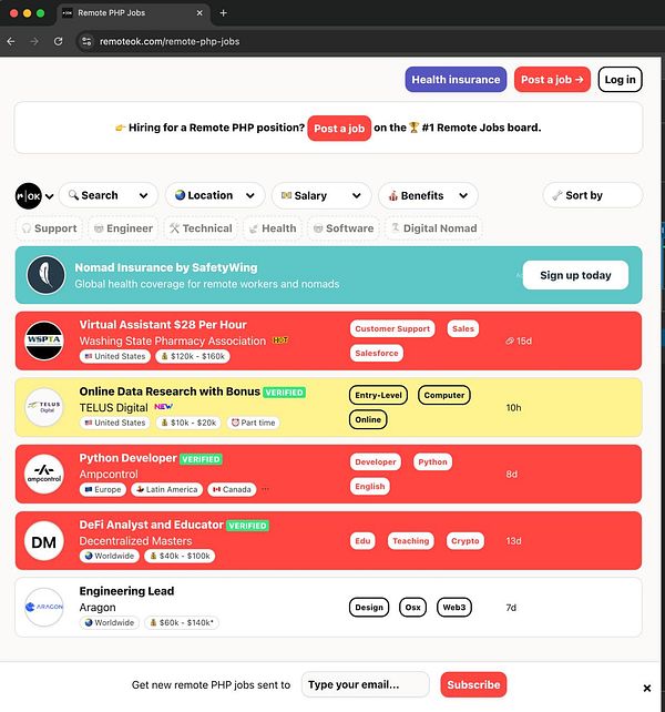 The image displays a job listing page from RemoteOK featuring various remote job opportunities.