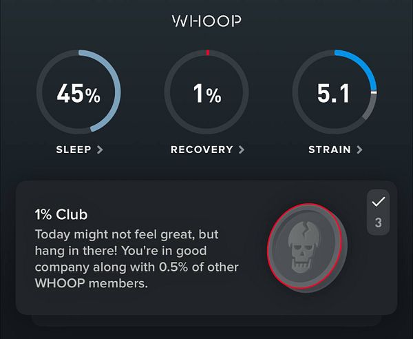 The image displays a health tracking interface from the WHOOP app, showing metrics related to sleep, recovery, and strain.