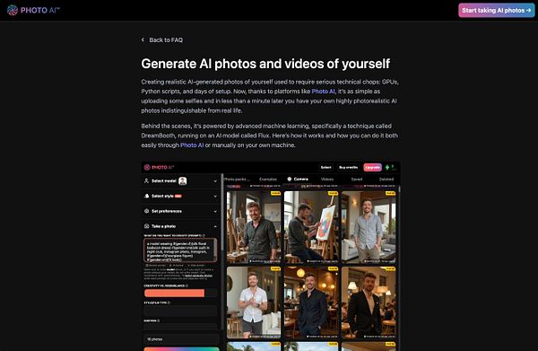 The image displays a user interface for the Photo AI platform, showcasing options for generating AI photos and videos.