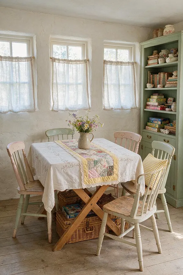 A cozy cottagecore game room with a square wooden table covered by a white embroidered tablecloth and floral runner, surrounded by four painted wooden chairs in soft pastel tones. A jug of wildflowers sits at the center, wicker baskets are stored beneath the table, and a sage-green cabinet filled with books, games, and ceramics lines the right wall. Three sheer-curtained windows provide soft natural light.
