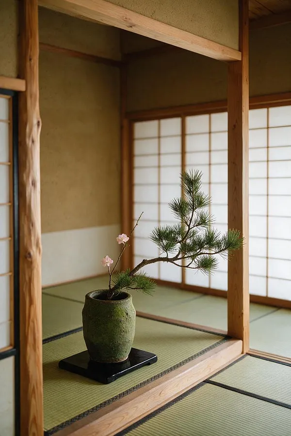 A traditional Japanese tatami room with light wood framing, shoji screens, and a simple ikebana-style arrangement. A textured green ceramic vase holds pine branches and pink blossoms, placed on a black tray, creating a calm zen focal point.