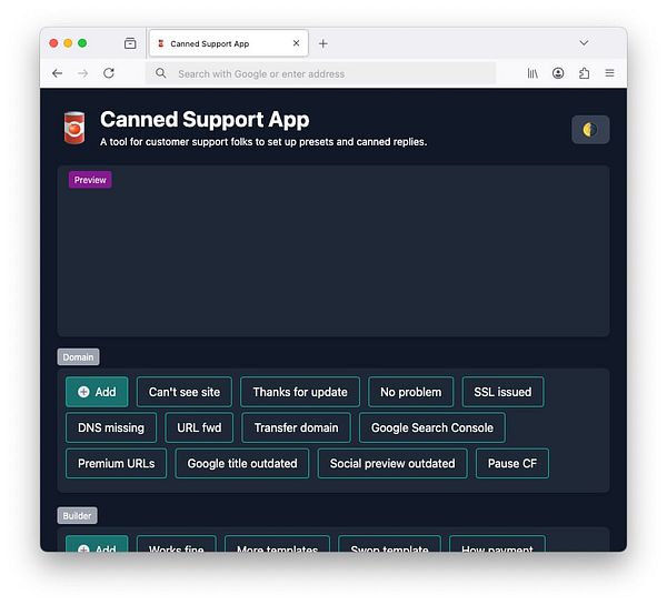 The image displays a web interface for the 'Canned Support App' with various options for customer support presets.