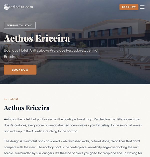 Hotel webpage for Aethos Ericeira featuring a booking button and detailed hotel description with an oceanfront pool background.