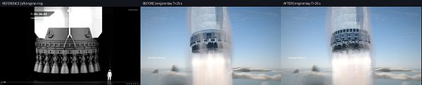 Comparison of rocket engine graphics showing a reference image and before-and-after 3D renderings improving realism and detail.