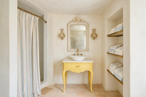 A French Country master bathroom with creamy plaster walls, a striped shower curtain, and a small yellow vanity topped with a white vessel sink. An ornate mirror and matching wall sconces center the room, while open shelves on the right display neatly folded towels.