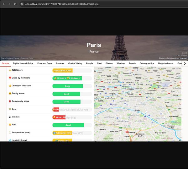 The image displays a webpage focused on the cost of living in Paris, France, featuring various scores and a map of the city.