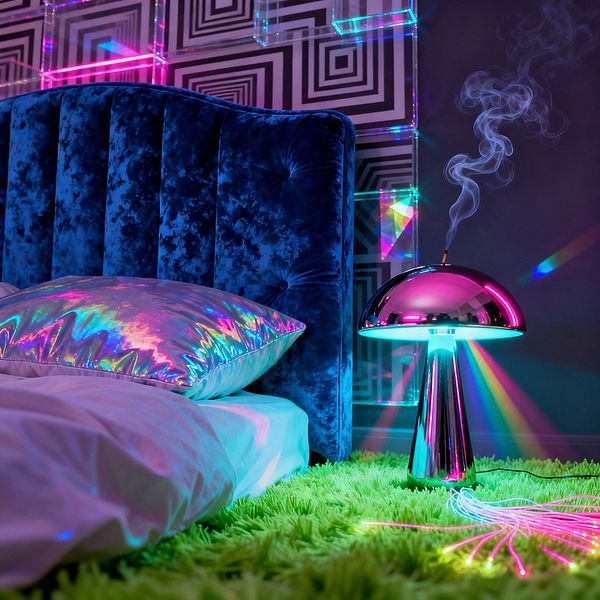 A psychedelic bedroom vignette shows a deep blue tufted velvet headboard next to white bedding topped with a holographic pillow on a neon green shag rug. A chrome mushroom lamp emits magenta and cyan beams beside black-and-white geometric wallpaper and clear acrylic panels that refract rainbow light, while wisps of smoke and glowing fiber‑optic strands intensify the vivid, club-like atmosphere.
