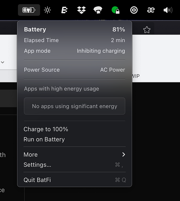 The image displays a MacBook battery status menu showing the BatFi app in use.