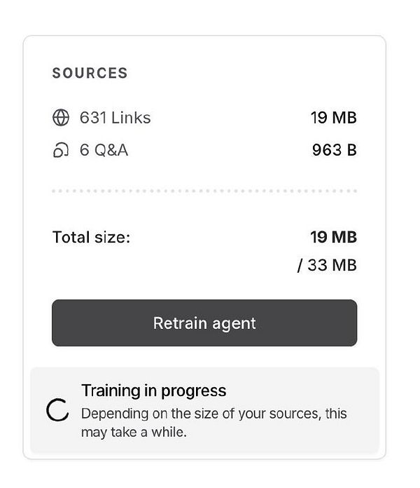 The image displays a user interface for retraining an AI agent, showing source data and progress status.