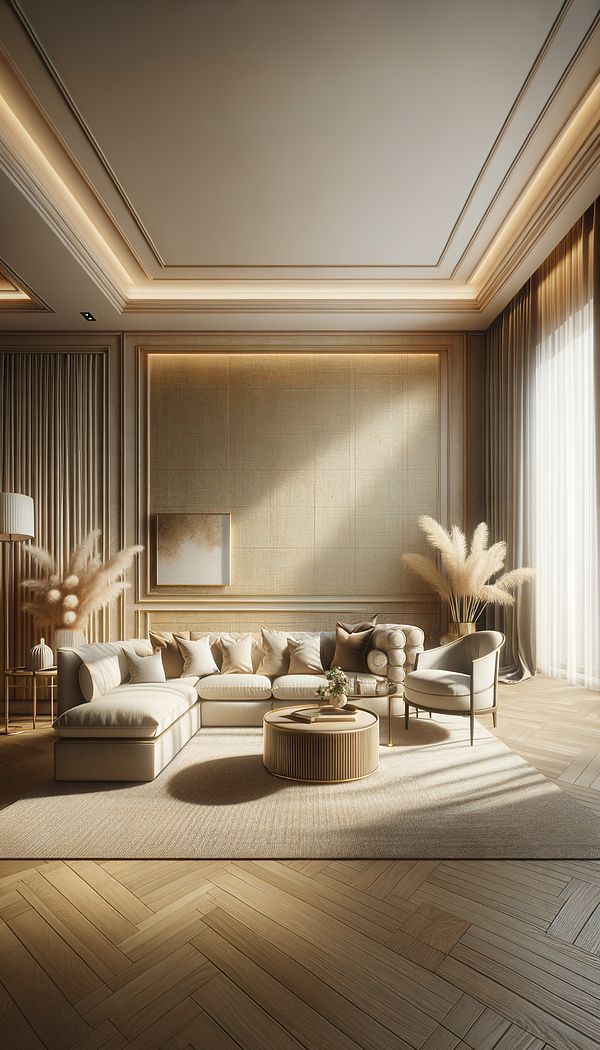 A luxurious living room interior showcasing walls covered with beige grasscloth wallpaper, complemented by tasteful furnishings and natural light.