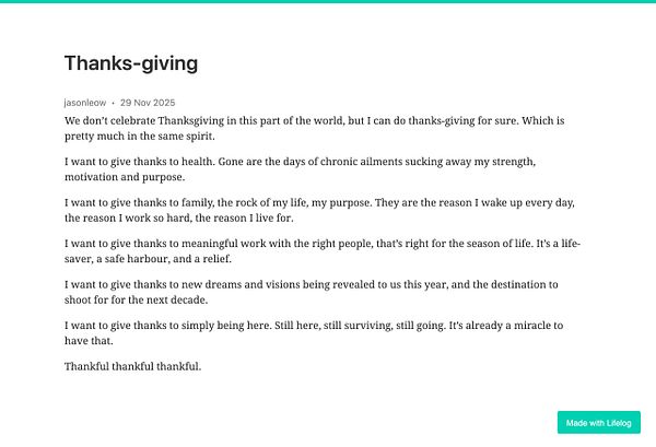 A reflective post titled 'Thanks-giving' expressing gratitude for health, family, and purpose.
