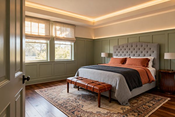 A transitional bedroom with sage green paneled wainscoting features a light gray tufted bed layered with rust linen pillows, a charcoal throw, and a gray coverlet, with a cognac leather strap bench on a vintage rug over warm hardwood floors. Round fluted wood nightstands and slender lamps flank the bed, linen Roman shades filter daylight at two windows, and a tray ceiling with recessed cove lighting bathes the room in a soft, warm glow.