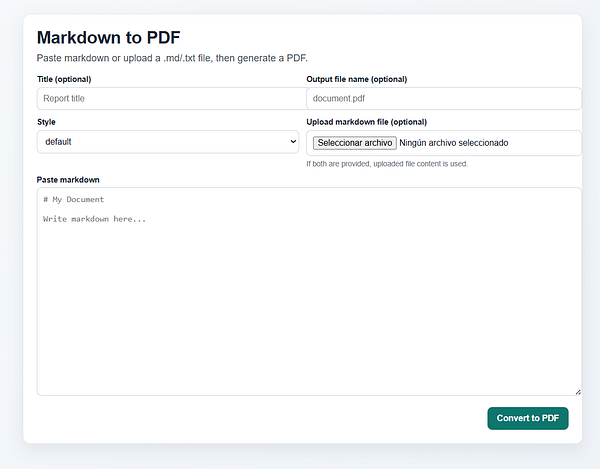 Screenshot of a browser window displaying a functional Markdown to PDF converter web app with options to include a light or dark theme and a button to generate a PDF.