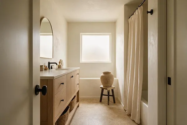 A serene master bathroom with a light wood vanity, white countertop, and matte black faucet and hardware. A frosted window, arched mirror, woven baskets, and a simple curtain create a soft organic modern feel, with a ceramic vessel on a small stool adding sculptural warmth.