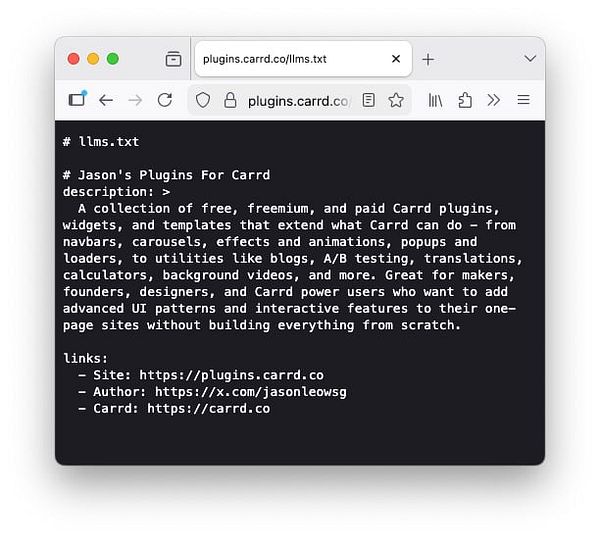Screenshot of a 'Home' page titled 'llms.txt' with header menu navigation and descriptive content about Carrd plugins.