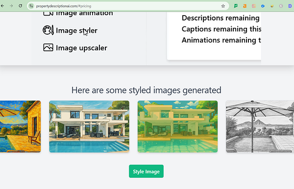 The image displays a user interface for generating styled images, featuring a selection of generated images and navigation options.